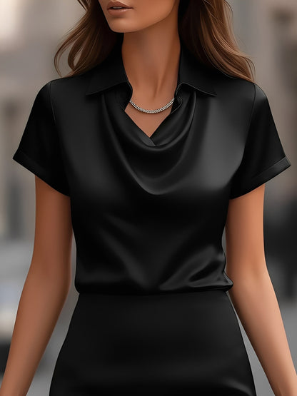 Collared Cowl Neck Short Sleeves Satin Blouse
