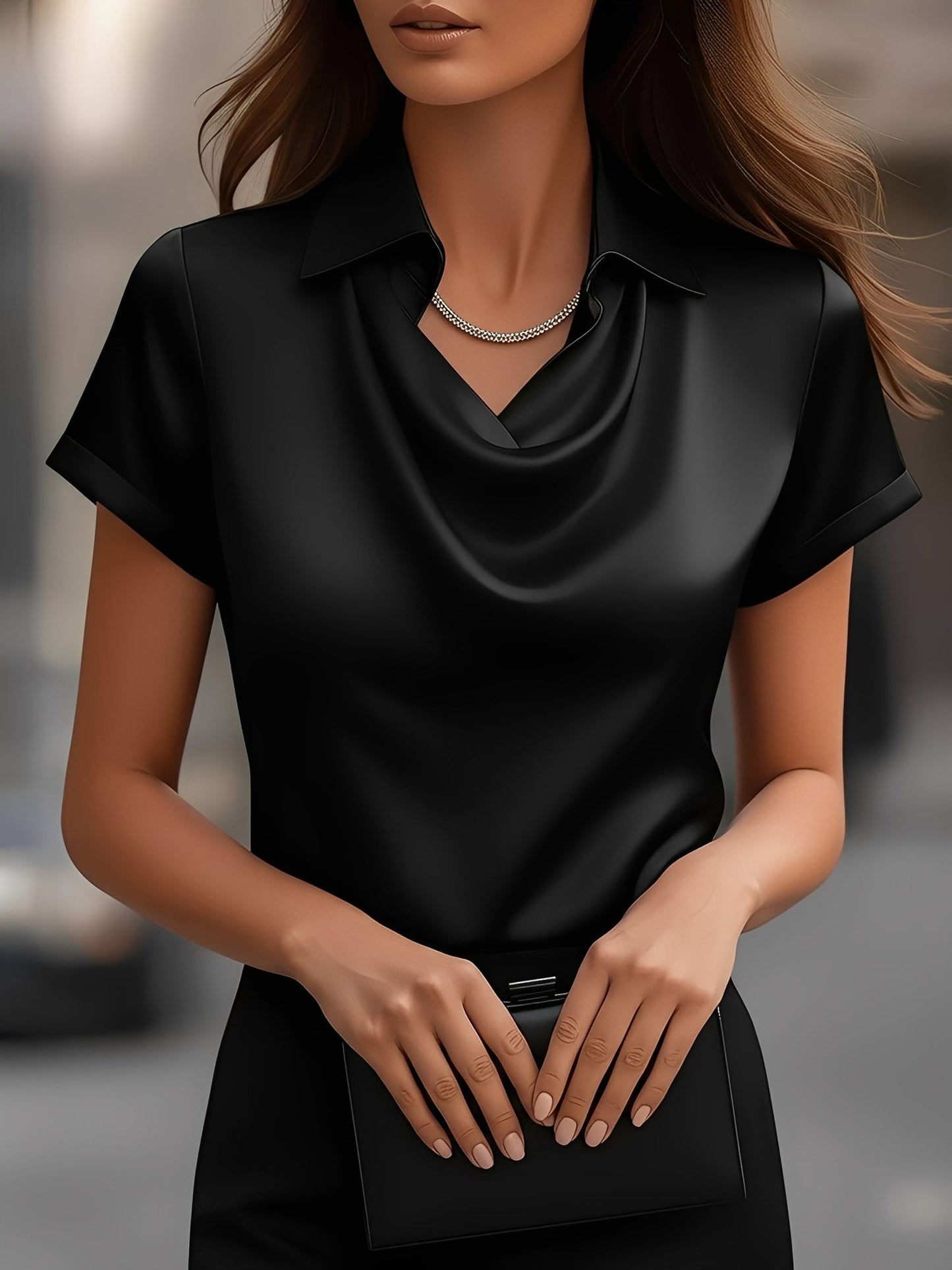 Collared Cowl Neck Short Sleeves Satin Blouse
