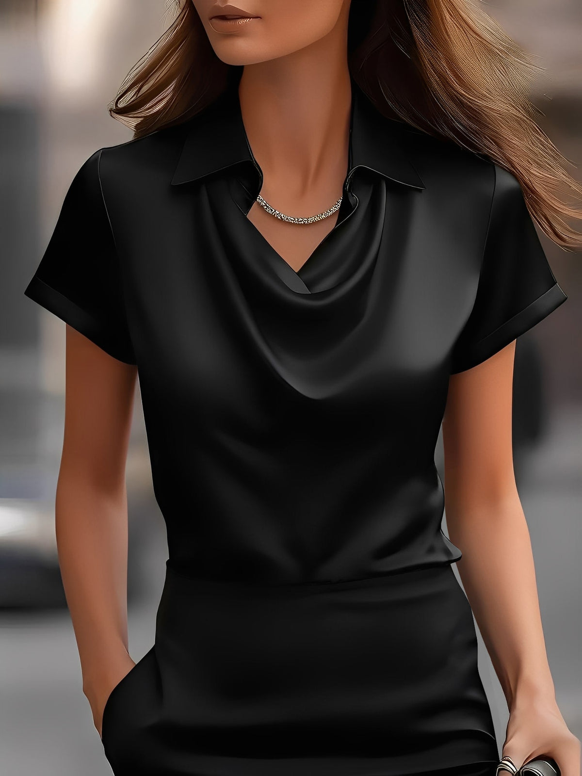 Collared Cowl Neck Short Sleeves Satin Blouse