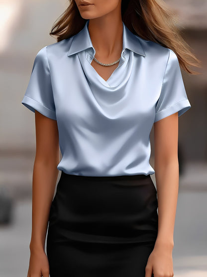 Collared Cowl Neck Short Sleeves Satin Blouse