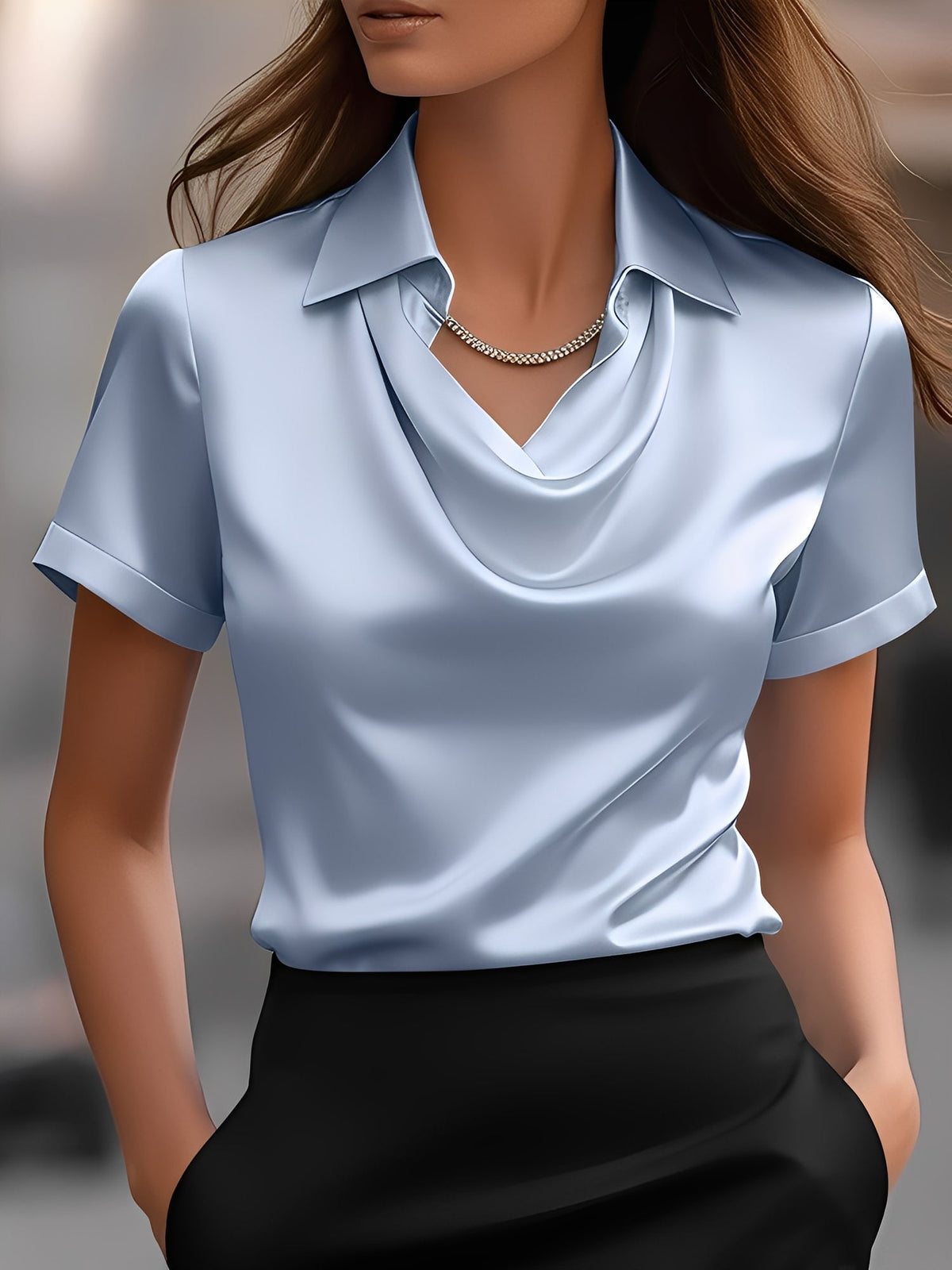 Collared Cowl Neck Short Sleeves Satin Blouse
