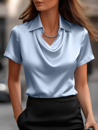 Collared Cowl Neck Short Sleeves Satin Blouse