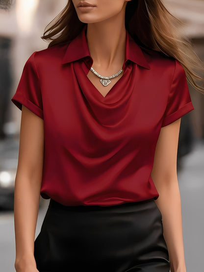 Collared Cowl Neck Short Sleeves Satin Blouse