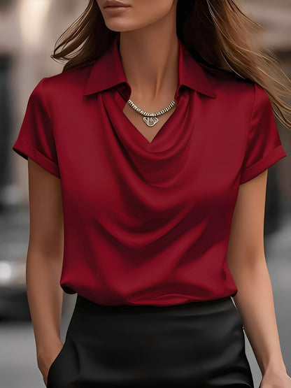 Collared Cowl Neck Short Sleeves Satin Blouse