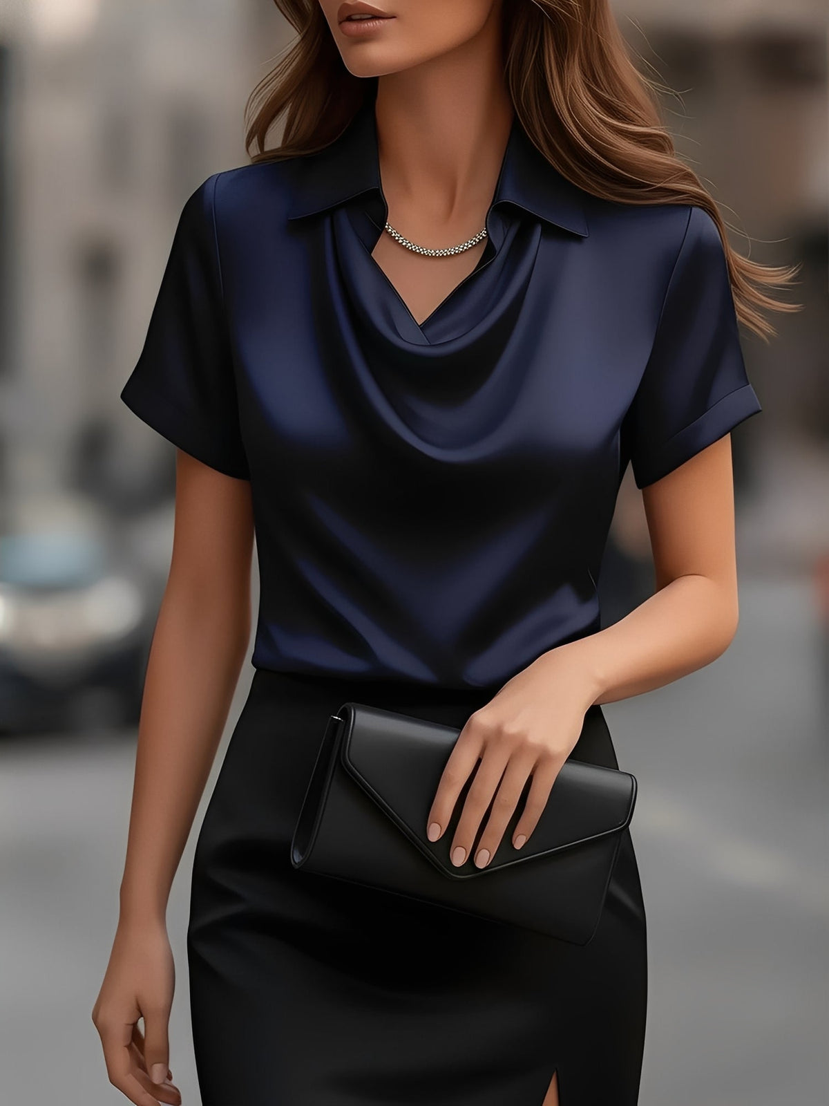 Collared Cowl Neck Short Sleeves Satin Blouse