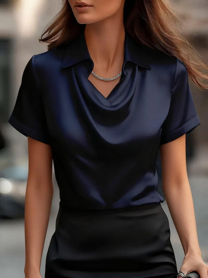 Collared Cowl Neck Short Sleeves Satin Blouse