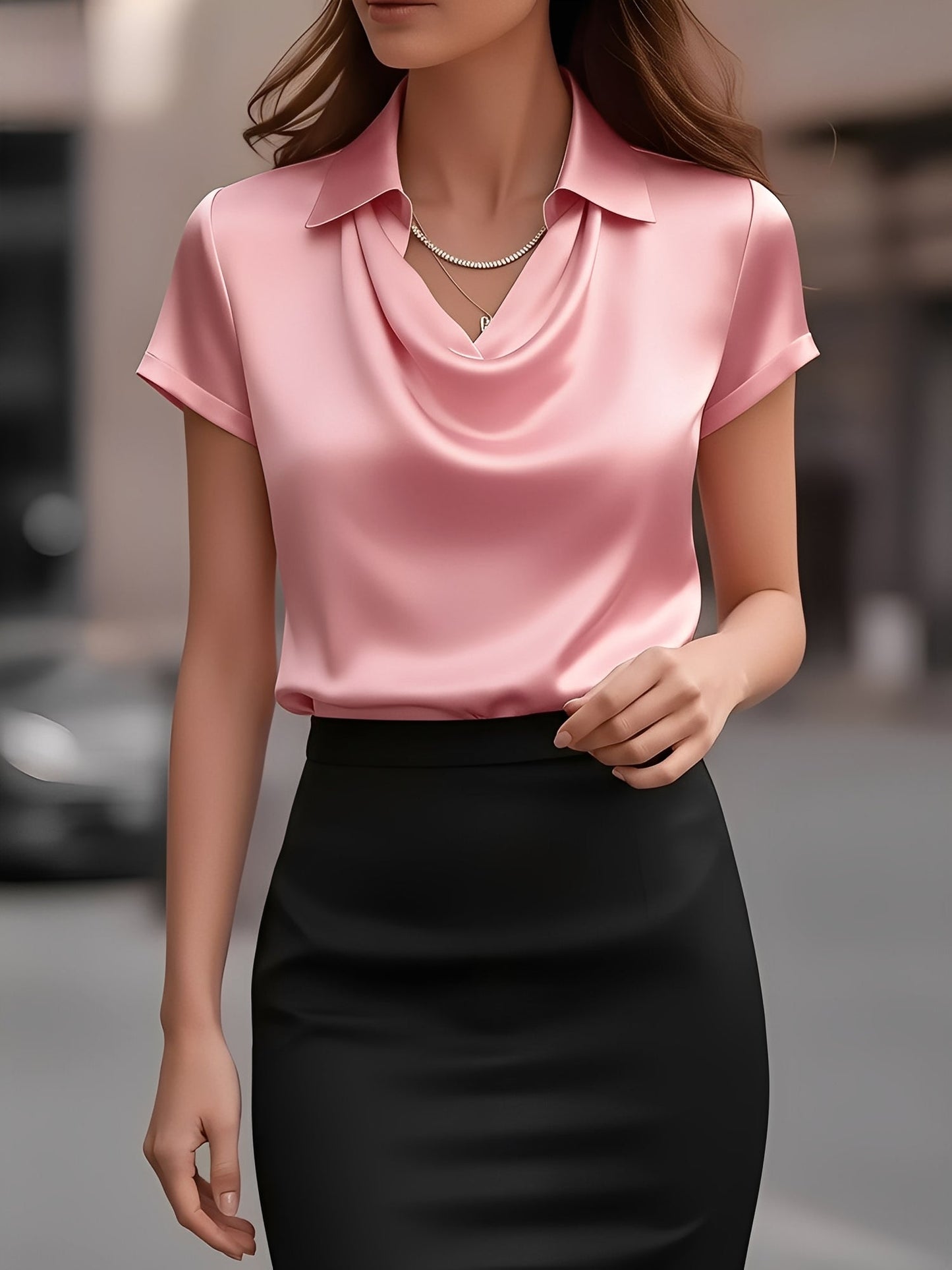 Collared Cowl Neck Short Sleeves Satin Blouse