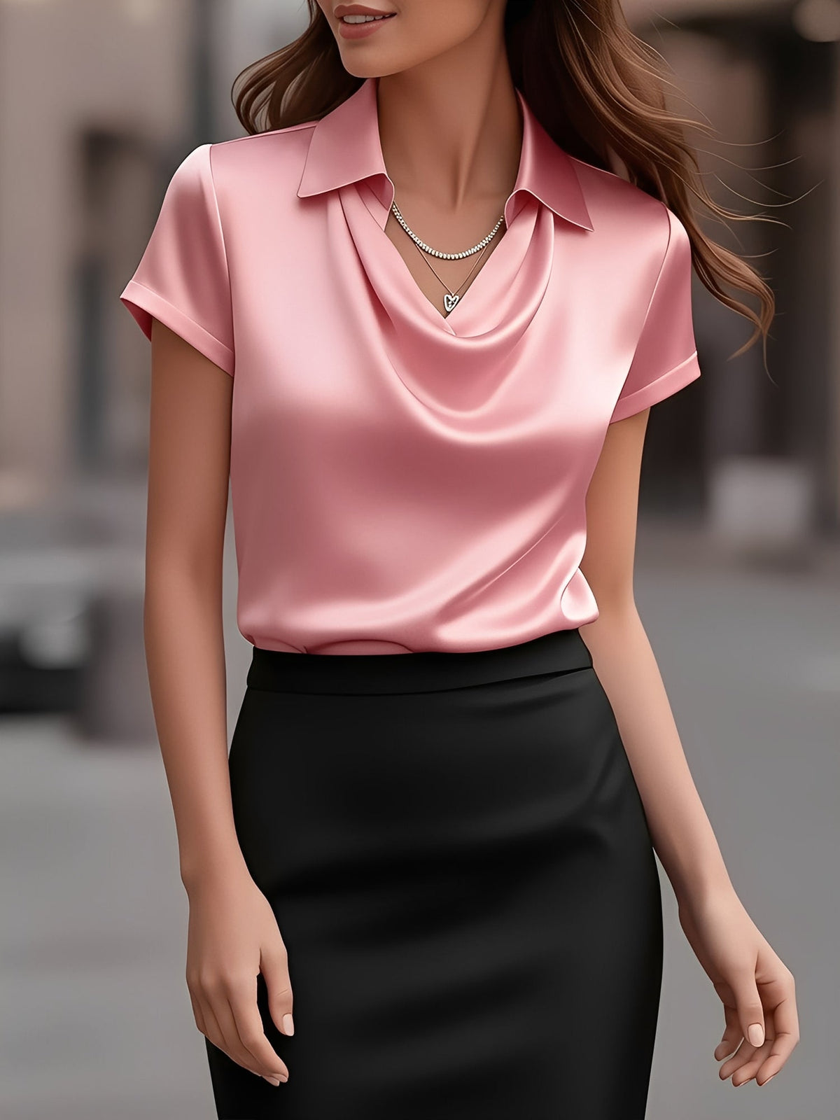 Collared Cowl Neck Short Sleeves Satin Blouse