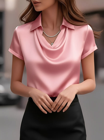 Collared Cowl Neck Short Sleeves Satin Blouse