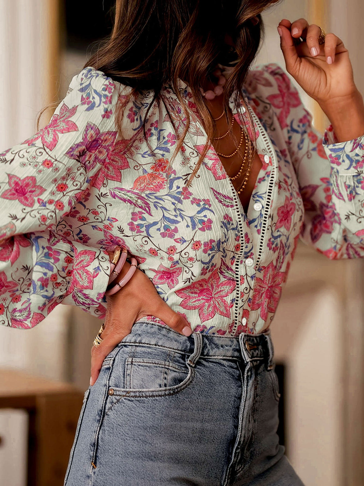Ruffled Neck Floral Puff Long Sleeves Blouse