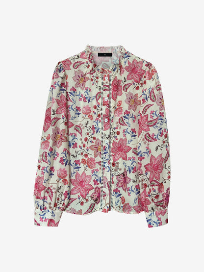 Ruffled Neck Floral Puff Long Sleeves Blouse