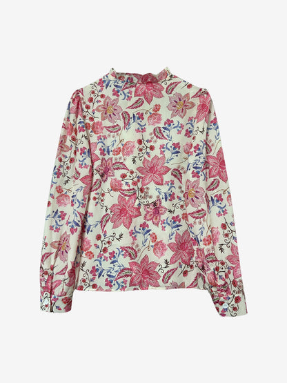 Ruffled Neck Floral Puff Long Sleeves Blouse