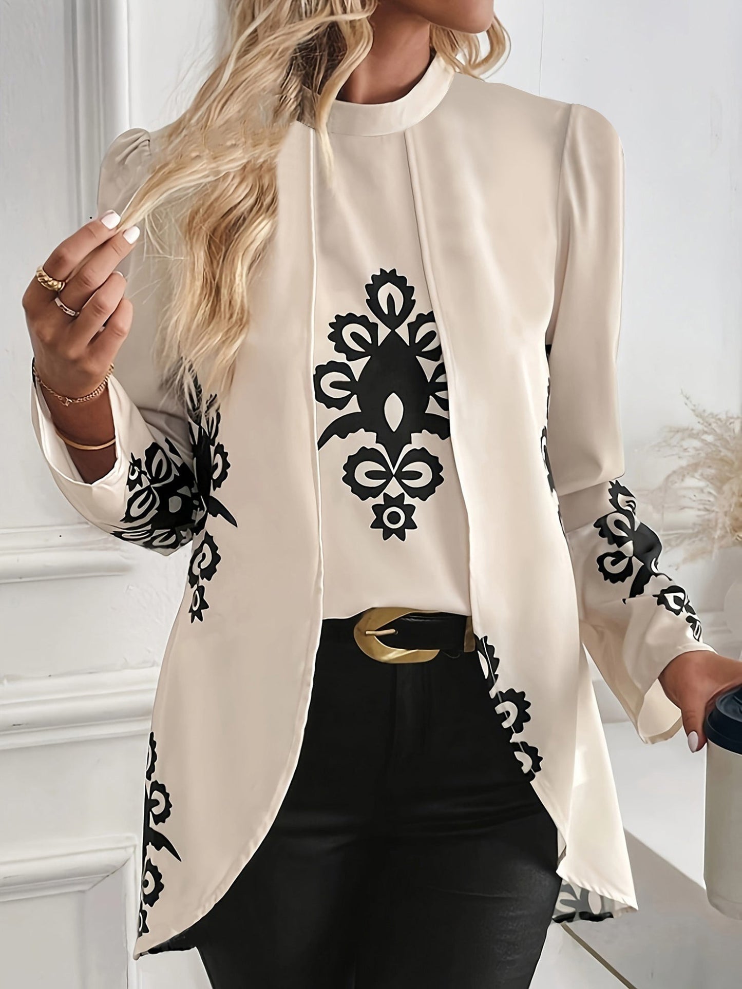 Boho Mock Neck Puff Long Sleeves Blouse