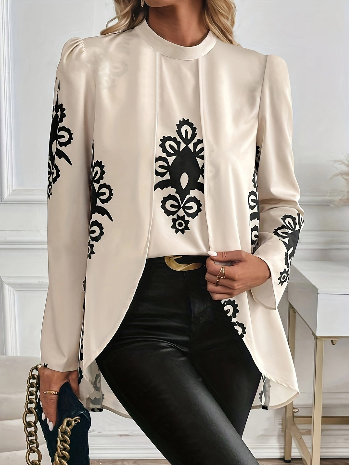 Boho Mock Neck Puff Long Sleeves Blouse