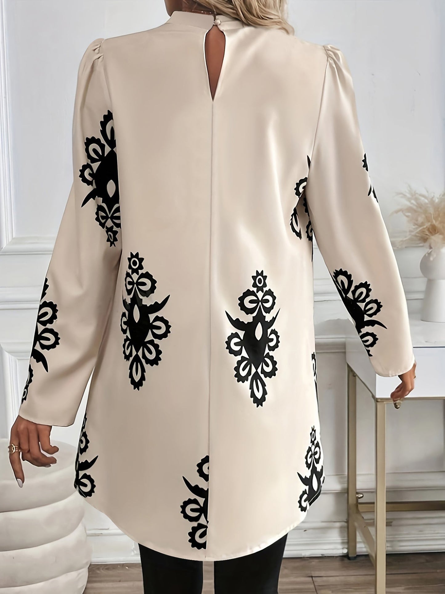 Boho Mock Neck Puff Long Sleeves Blouse