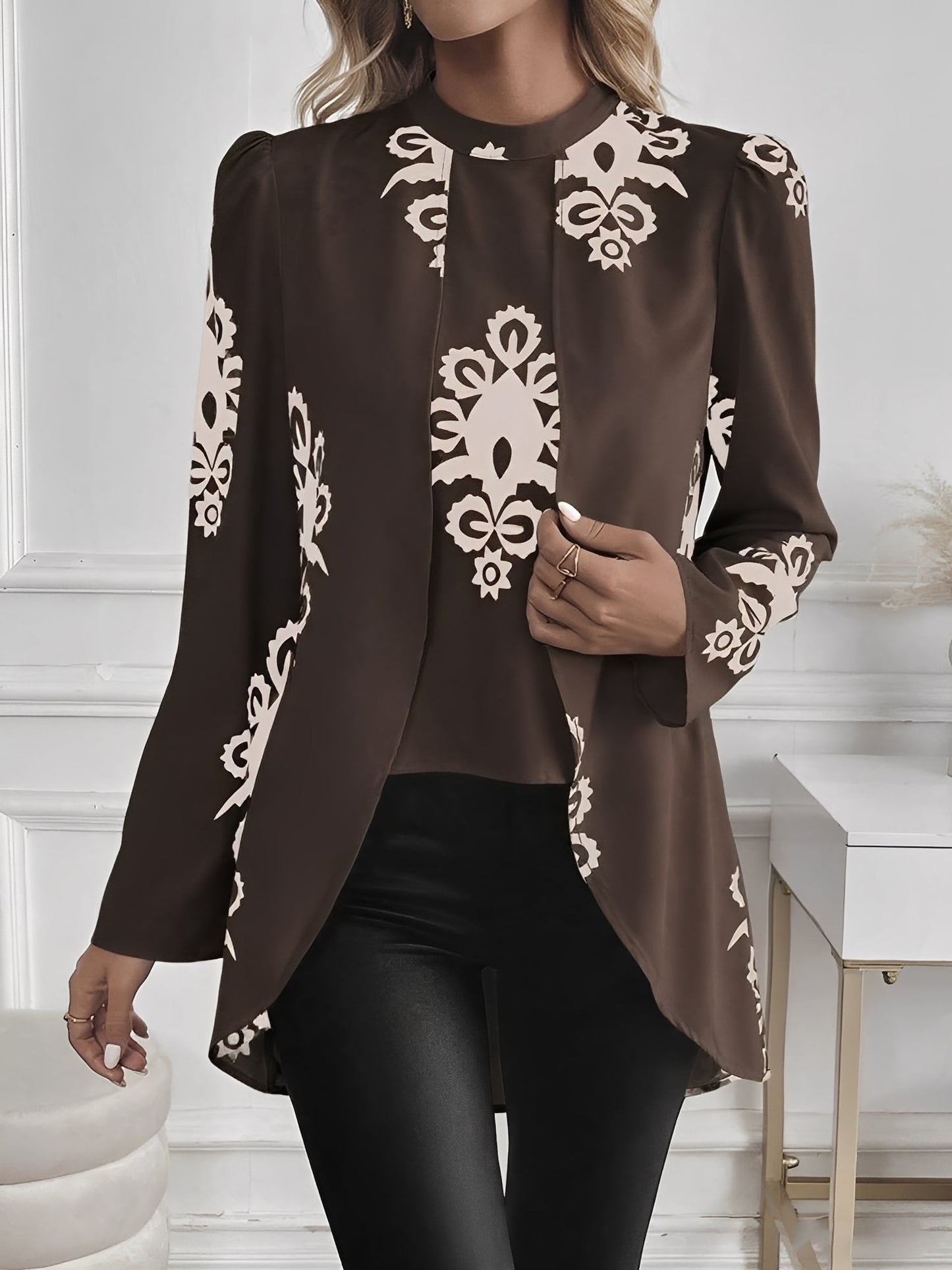 Boho Mock Neck Puff Long Sleeves Blouse
