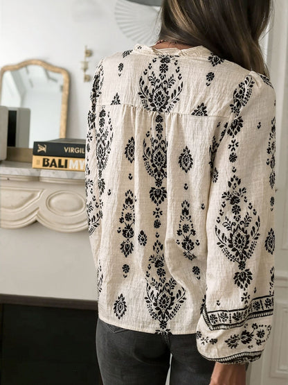 Boho Floral Long Sleeve Ruffled Neck Blouse