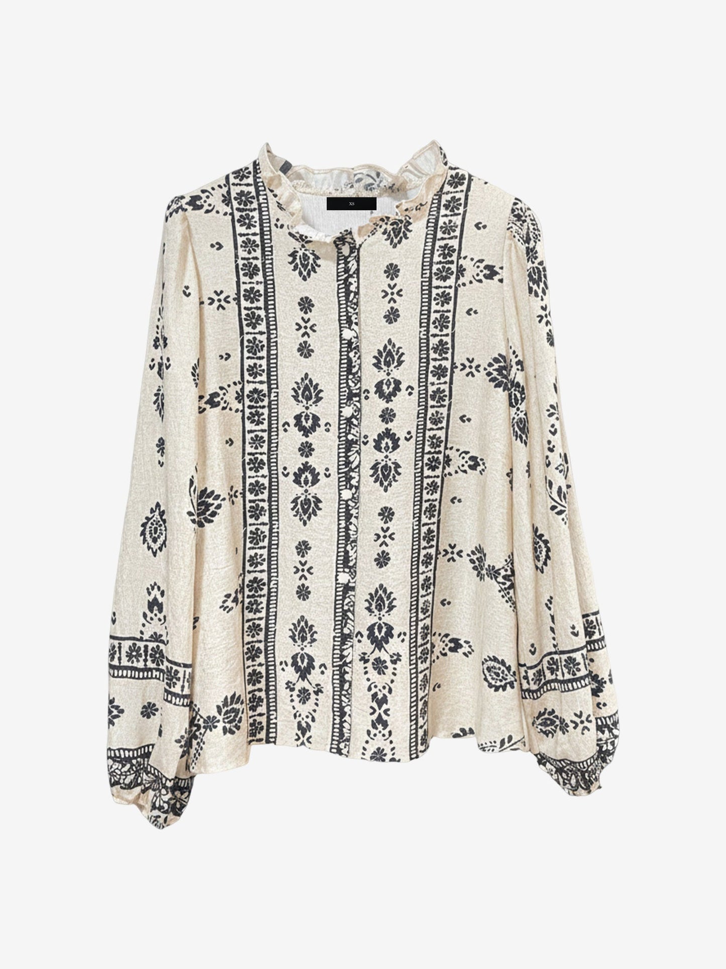 Boho Floral Long Sleeve Ruffled Neck Blouse