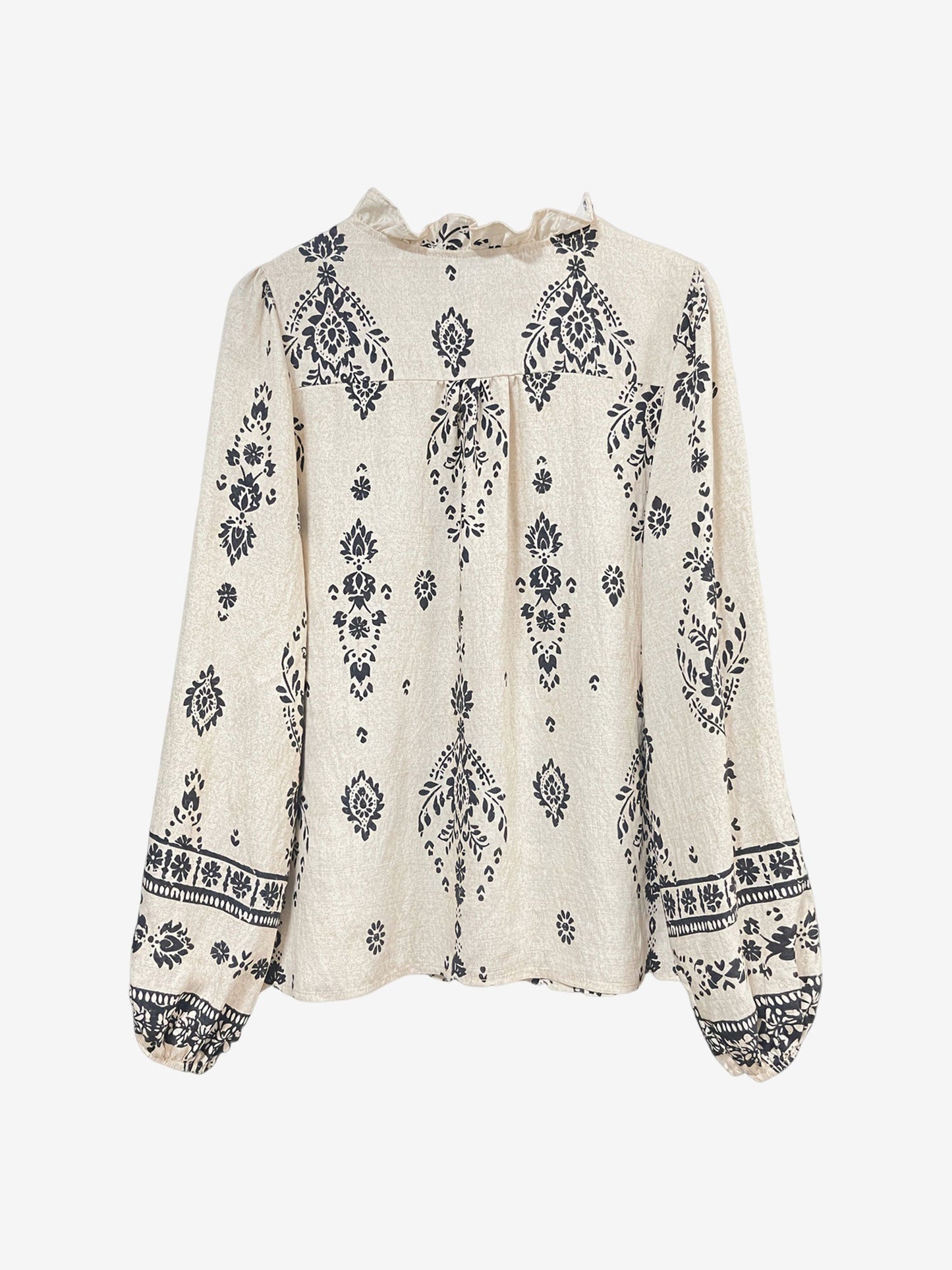 Boho Floral Long Sleeve Ruffled Neck Blouse