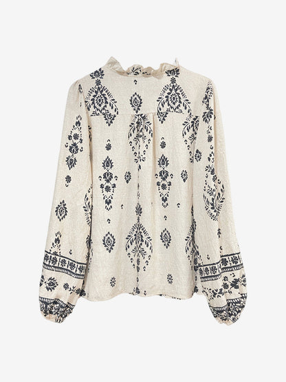 Boho Floral Long Sleeve Ruffled Neck Blouse