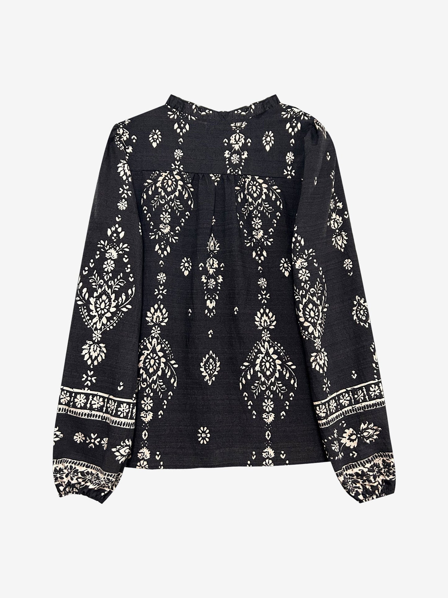 Boho Floral Long Sleeve Ruffled Neck Blouse