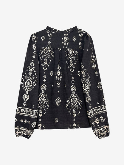 Boho Floral Long Sleeve Ruffled Neck Blouse