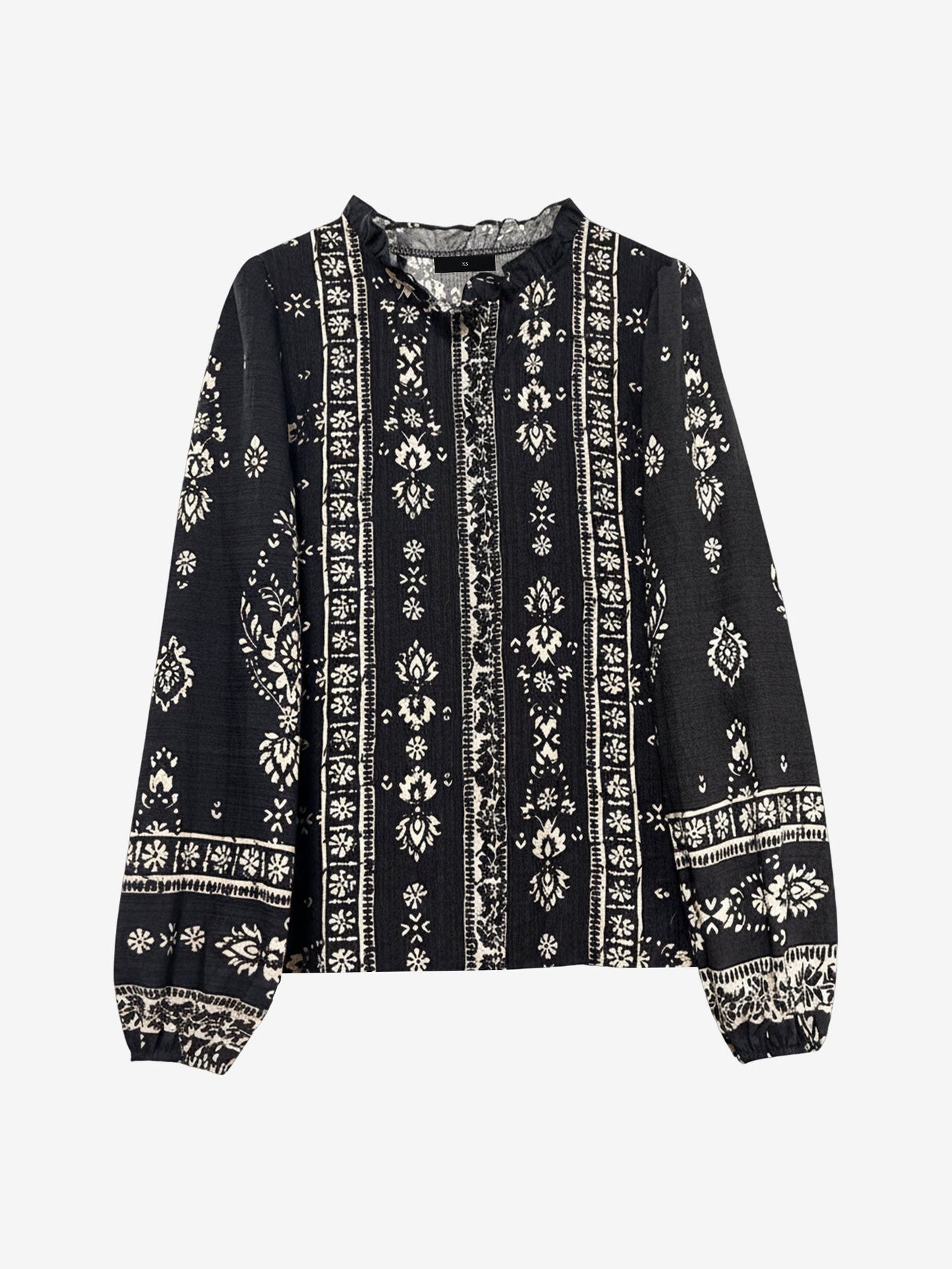 Boho Floral Long Sleeve Ruffled Neck Blouse