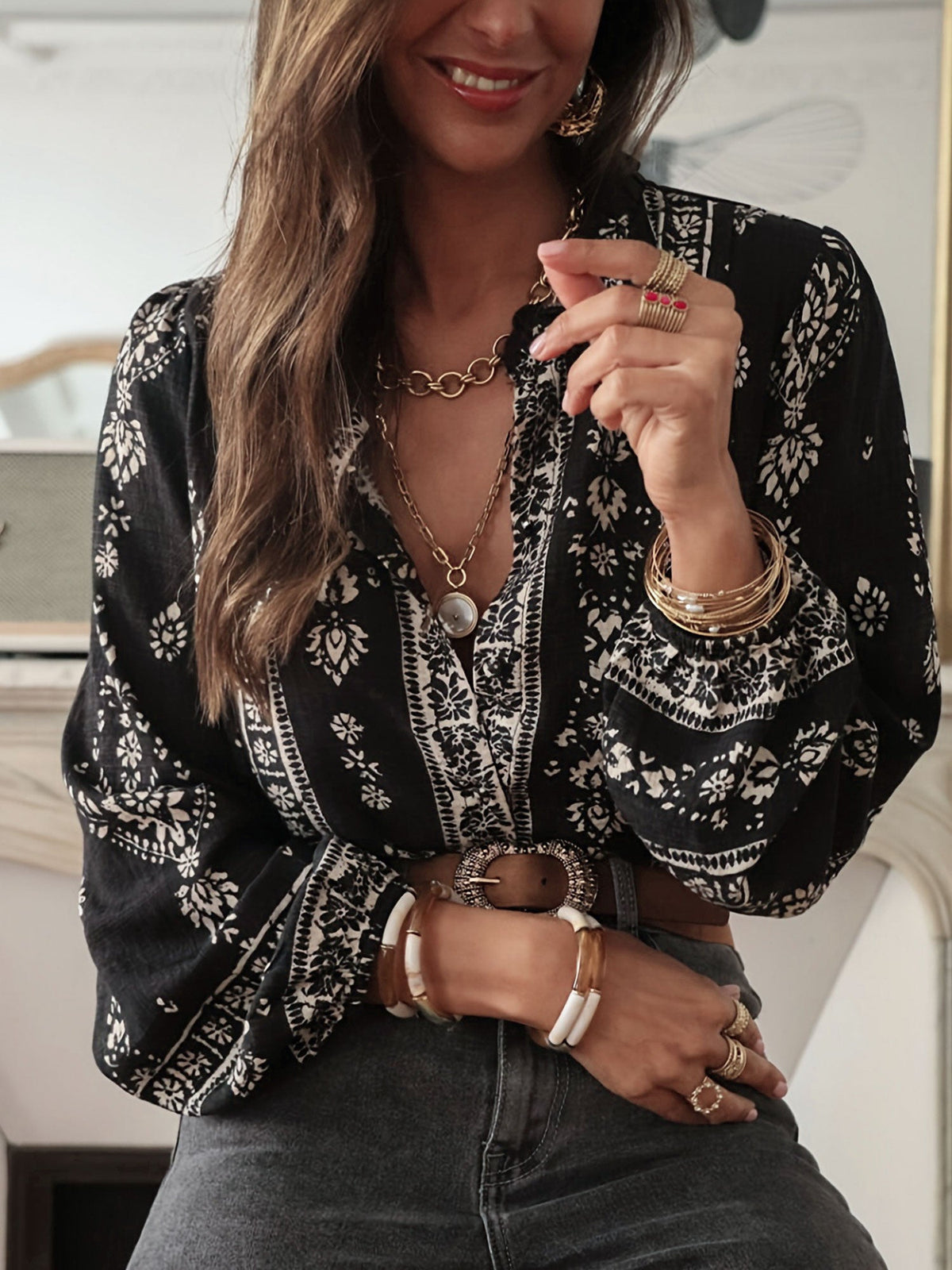 Boho Floral Long Sleeve Ruffled Neck Blouse