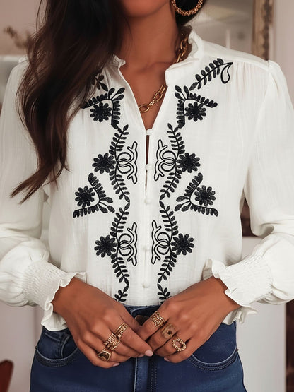 Floral Embroidered Boho Long Sleeve Blouse