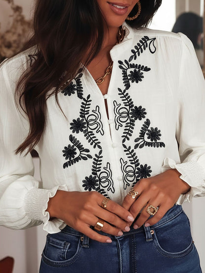 Floral Embroidered Boho Long Sleeve Blouse
