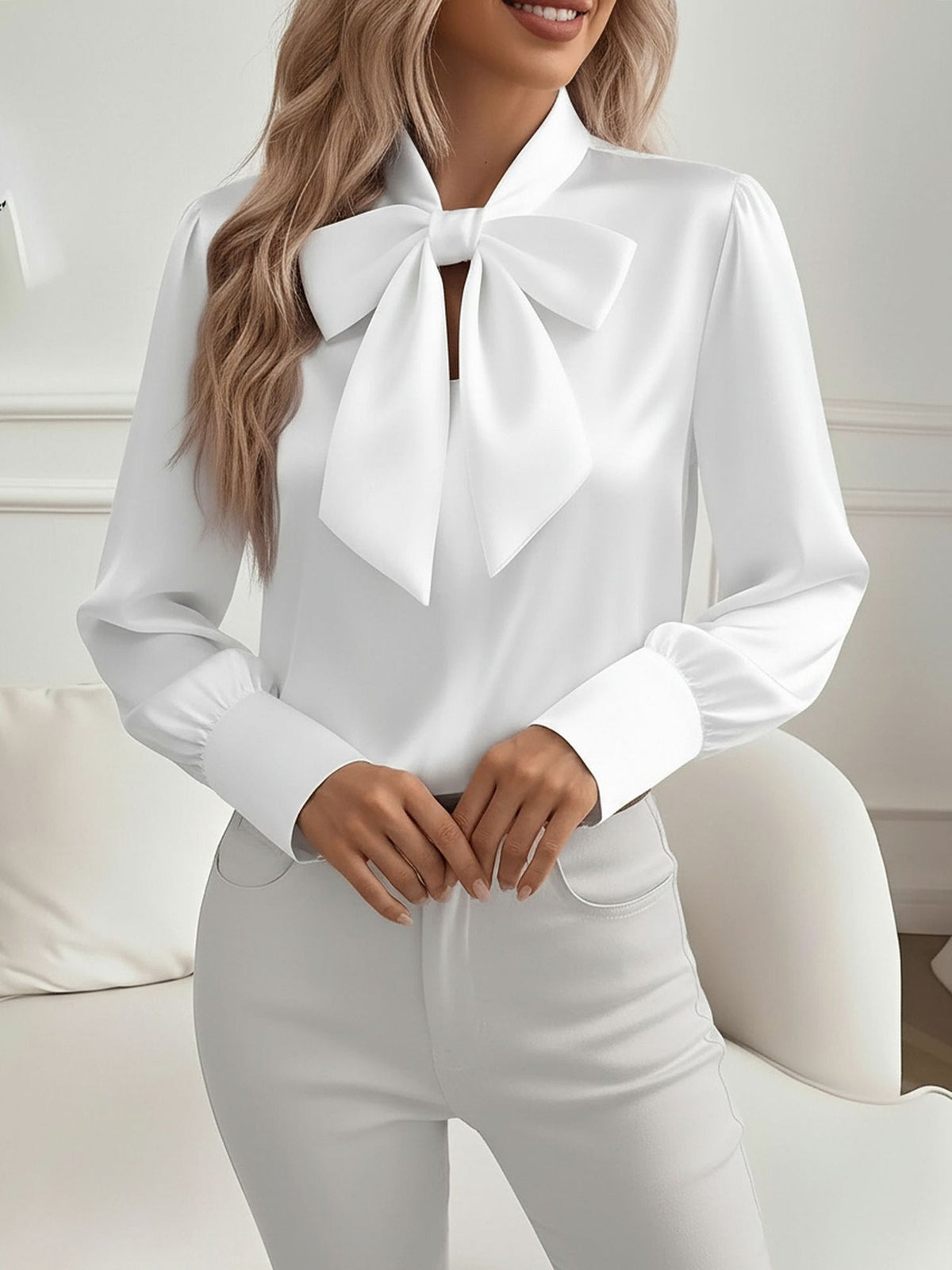 Versatile Bow Tie Satin Long Sleeve Shirt