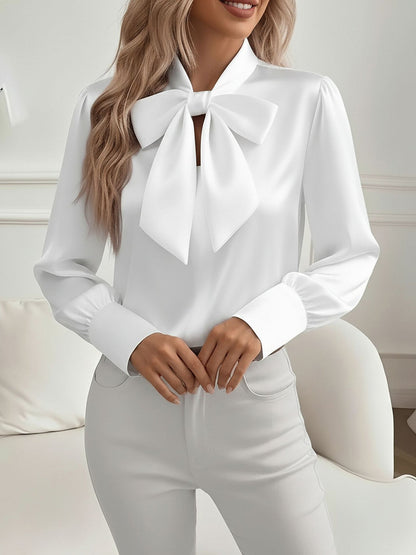 Versatile Bow Tie Satin Long Sleeve Shirt