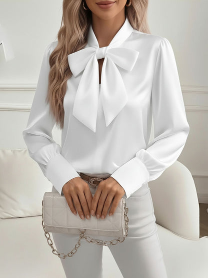 Versatile Bow Tie Satin Long Sleeve Shirt