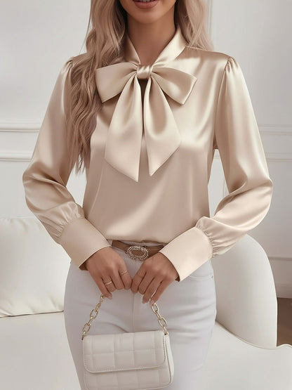 Versatile Bow Tie Satin Long Sleeve Shirt