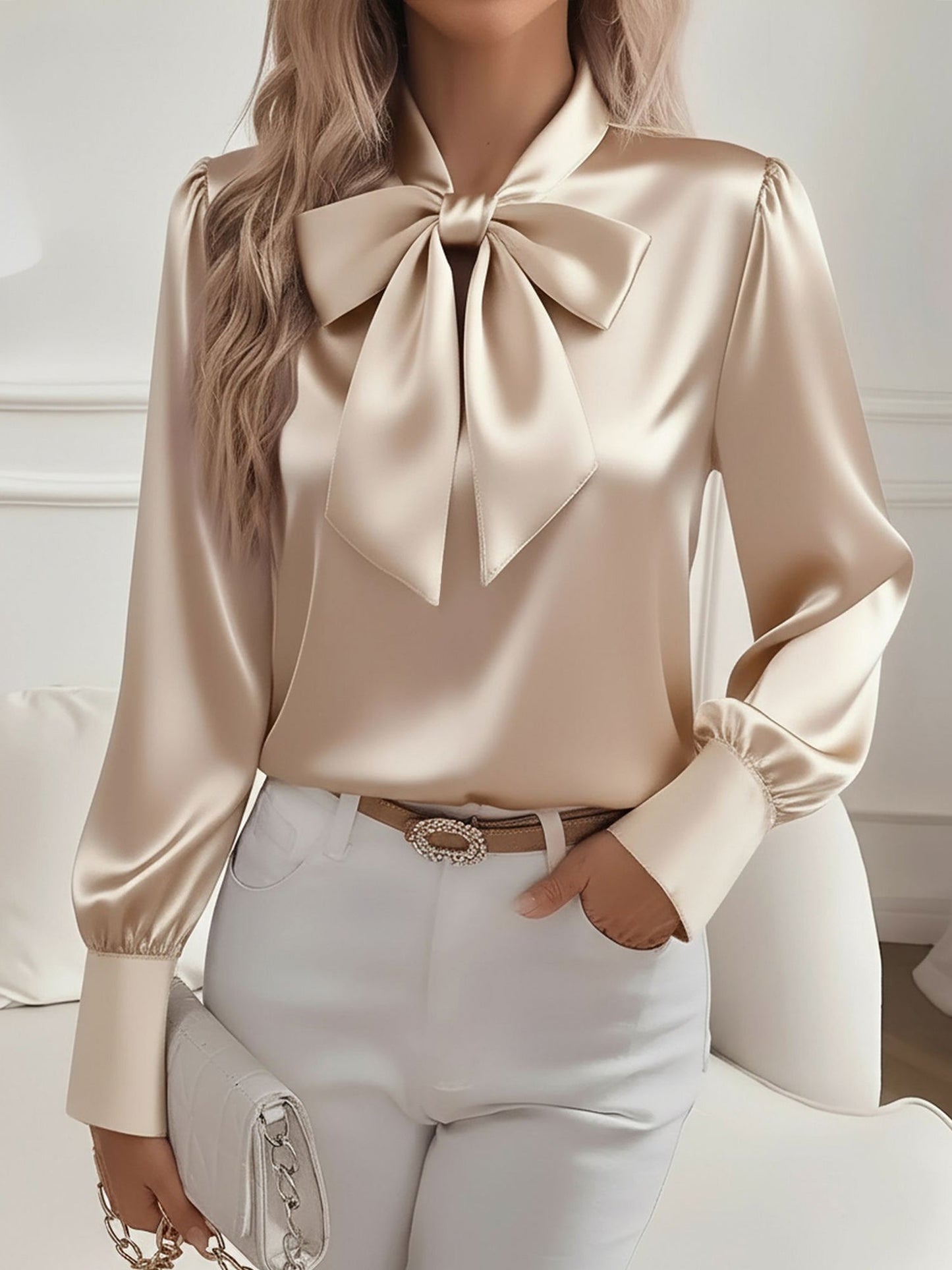 Versatile Bow Tie Satin Long Sleeve Shirt