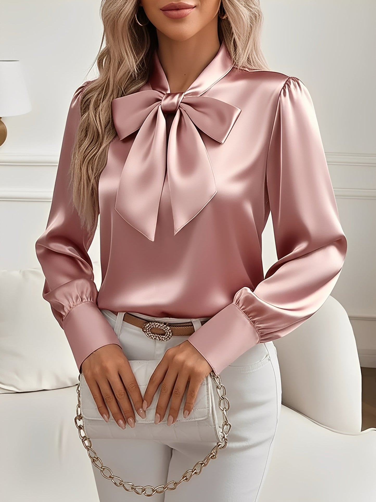 Versatile Bow Tie Satin Long Sleeve Shirt