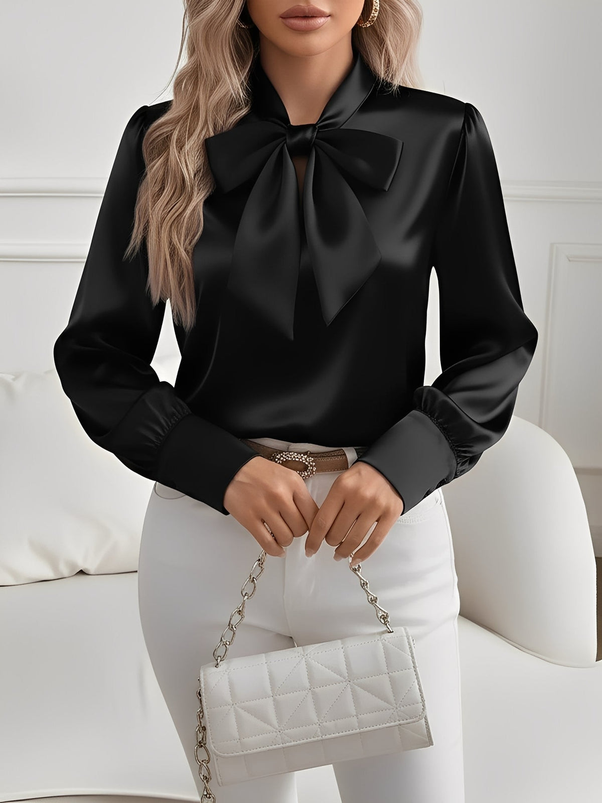 Versatile Bow Tie Satin Long Sleeve Shirt
