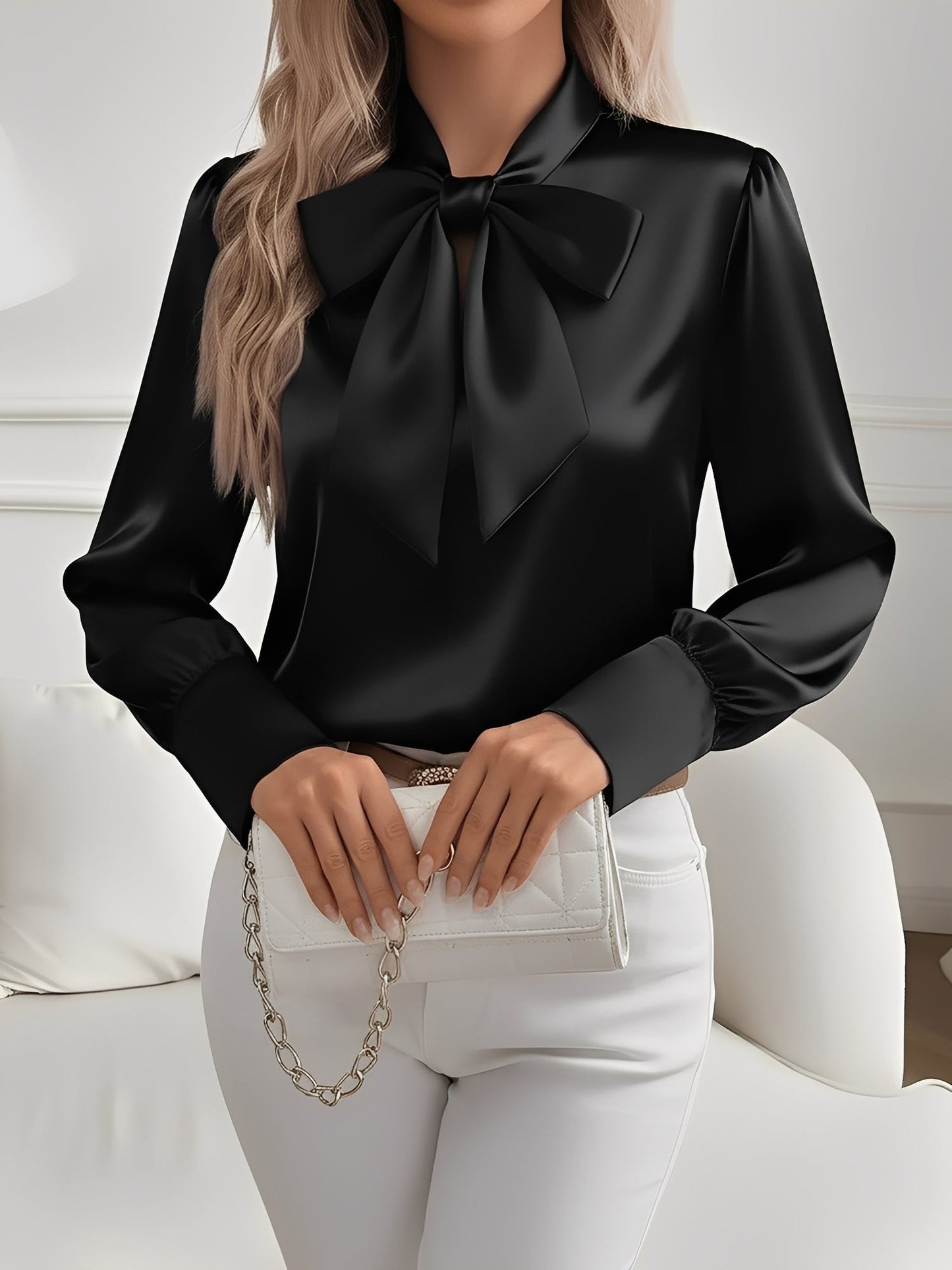 Versatile Bow Tie Satin Long Sleeve Shirt