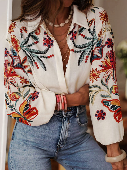 Floral Digital Print Lantern Sleeves Blouse