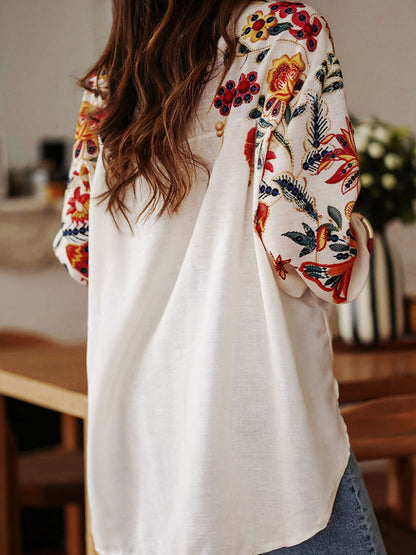 Floral Digital Print Lantern Sleeves Blouse