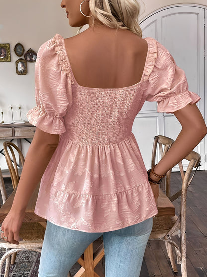 Square Neck Puff Sleeves Smocked Waist Blouse