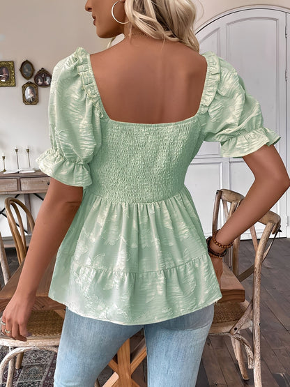 Square Neck Puff Sleeves Smocked Waist Blouse