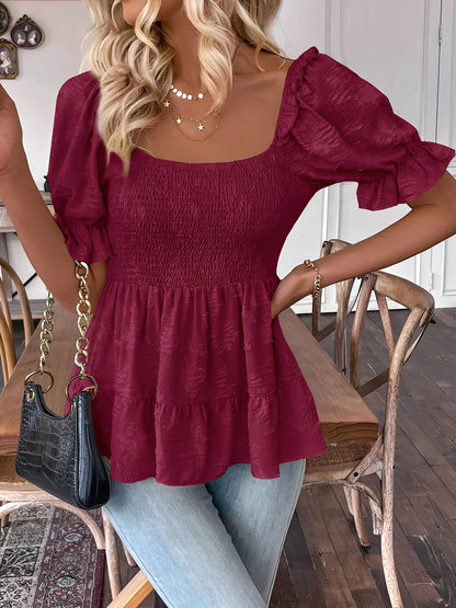 Square Neck Puff Sleeves Smocked Waist Blouse