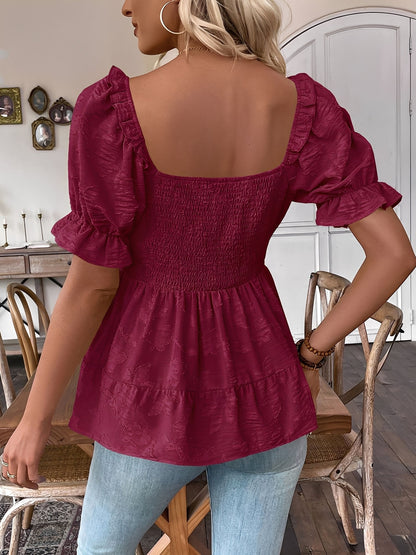 Square Neck Puff Sleeves Smocked Waist Blouse