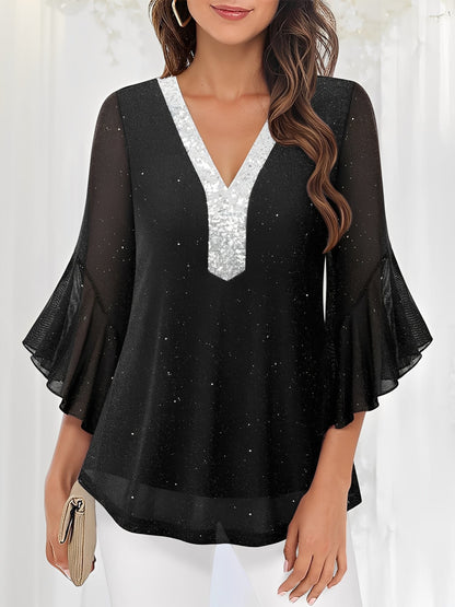 Sequined Deep V Neck Colorblock Flounce Sleeves Blouse