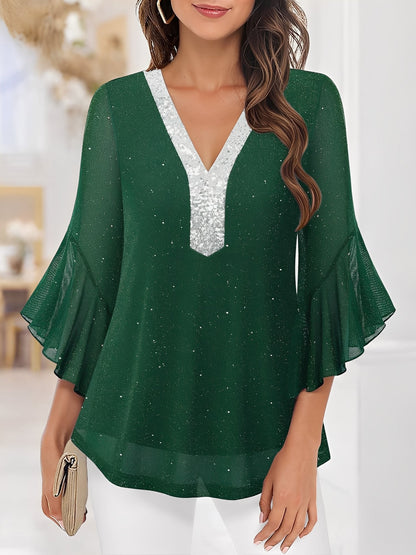 Sequined Deep V Neck Colorblock Flounce Sleeves Blouse