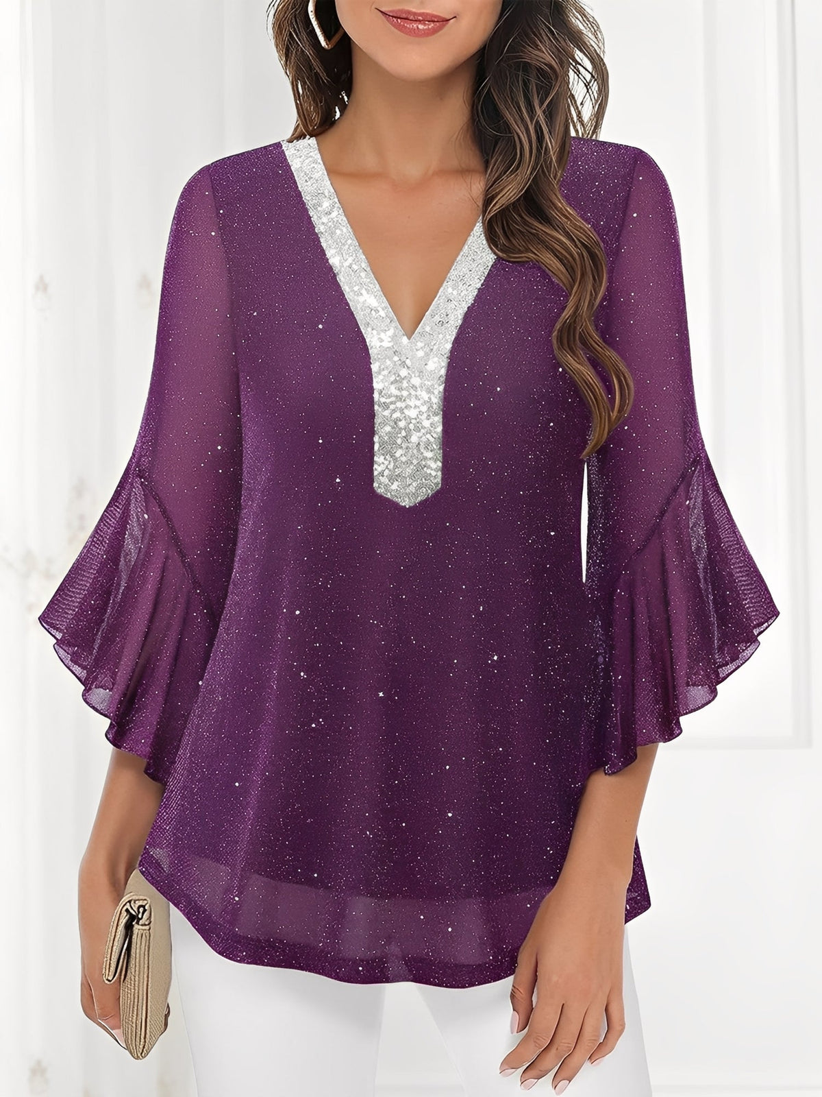 Sequined Deep V Neck Colorblock Flounce Sleeves Blouse