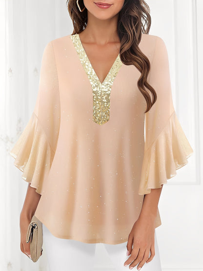 Sequined Deep V Neck Colorblock Flounce Sleeves Blouse