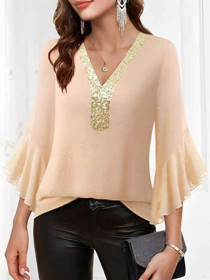 Sequined Deep V Neck Colorblock Flounce Sleeves Blouse