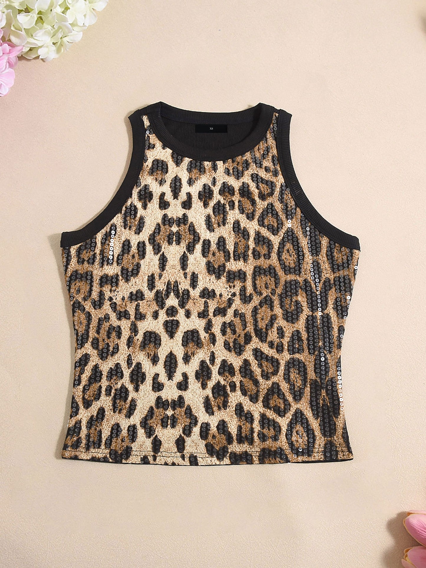 Sequin Leopard Color-Block Sleeveless Top